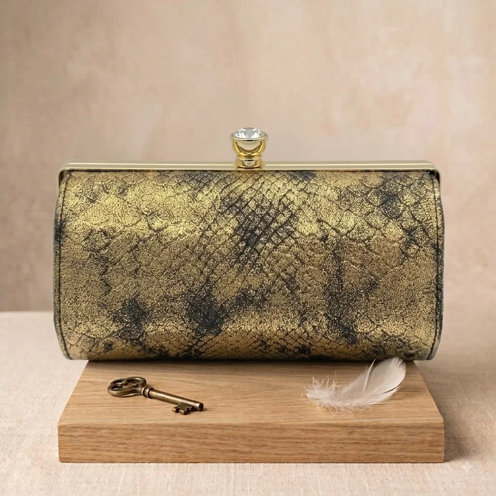 Kate Landry Gold Metallic Snakeskin Evening Clutch